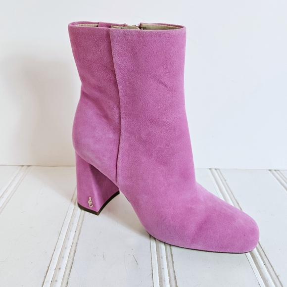 Sam Edelman Irie Pink Leather Square Toe Chunky Heel Ankle Boots Womens Size 6 - Picture 1 of 16
